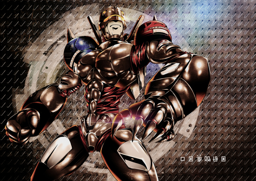 1boy claws cyborg digimon helmet hiandromon mechanical_arm no_humans robot robotic_legs solo tak-pi yellow_eyes
