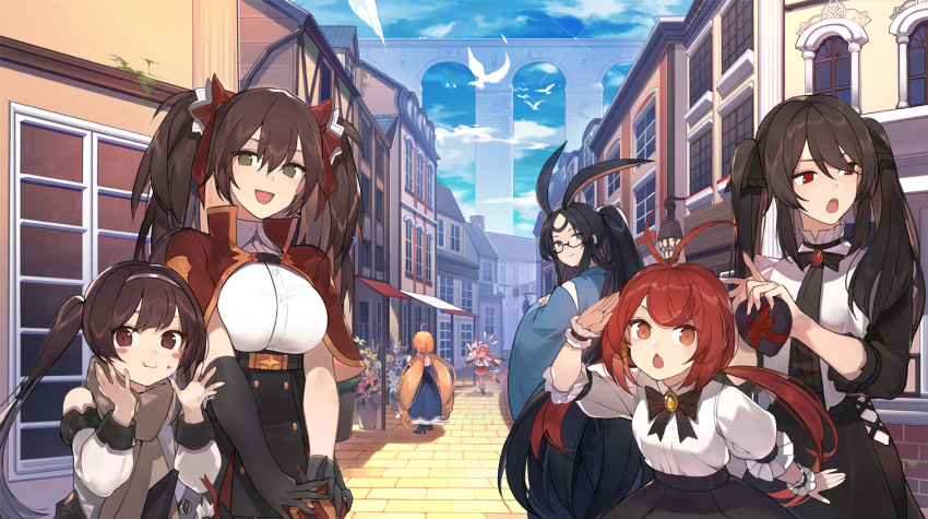 aliasing animal animal_ears anthropomorphism aqua_eyes azur_lane bird black_hair blonde_hair breasts brown_eyes brown_hair building bunny_ears chocolate city clouds dress elbow_gloves eldridge_(azur_lane) flowers glasses gloves haruna_(azur_lane) hat inxst jersey_(azur_lane) long_hair orange_eyes ping_hai_(azur_lane) ponytail red_eyes ribbons ryuujou_(azur_lane) short_hair sky souryuu_(azur_lane) twintails valentine york_(azur_lane)