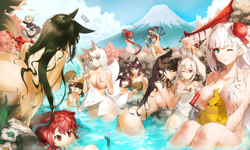 absurdres akagi_(azur_lane) atago_(azur_lane) ayanami_(azur_lane) azur_lane bath bathing breasts bucket convenient_censoring covering fusou_(azur_lane) highres huge_filesize i-19_(azur_lane) kaga_(azur_lane) manjuu_(azur_lane) mutsuki_(azur_lane) naked_towel nike1060 nude nude_cover onsen partially_submerged rock sheffield_(azur_lane) shigure_(azur_lane) shoukaku_(azur_lane) steam towel water white_towel wooden_bucket yamashiro_(azur_lane) yuudachi_(azur_lane) zuikaku_(azur_lane)