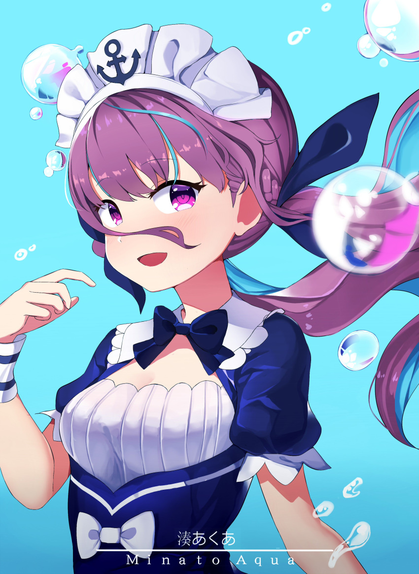 1girl :d absurdres bangs blue_background blue_dress blue_hair blue_neckwear blue_ribbon bow bowtie braid breasts bubble character_name collared_dress commentary_request dress eyebrows_visible_through_hair hair_ribbon hand_up highres hololive long_hair looking_at_viewer minato_aqua multicolored_hair open_mouth puffy_short_sleeves puffy_sleeves purple_eyes purple_hair ribbon short_sleeves simple_background small_breasts smile solo trap_(drthumt) twintails two-tone_hair upper_body virtual_youtuber water_drop white_bow wristband