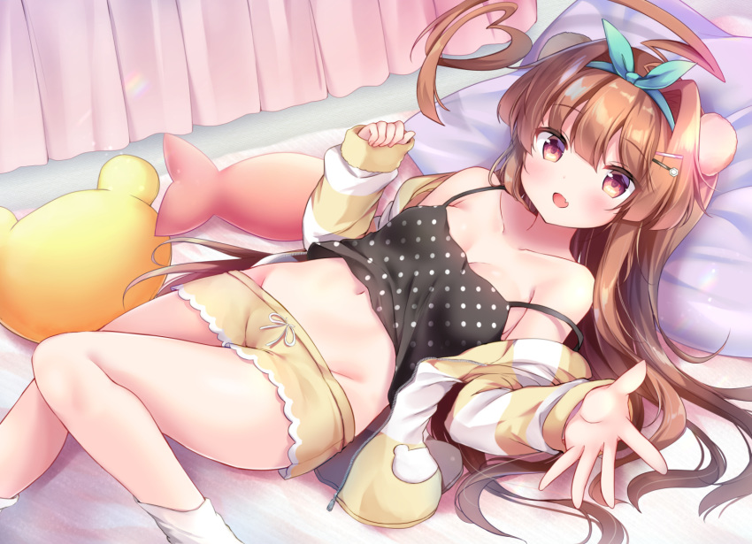 1girl :d ahoge alternate_costume bangs bare_shoulders bed black_camisole blush breasts brown_hair camisole cleavage curtains eyebrows_visible_through_hair fang fish_pillow hair_ornament hairband hairclip heart_ahoge huge_ahoge indoors jacket kantai_collection kuma_(kantai_collection) long_hair long_sleeves lying masayo_(gin_no_ame) medium_breasts navel off_shoulder on_back open_mouth pillow pink_eyes polka_dot polka_dot_camisole short_shorts shorts skin_fang smile socks solo striped striped_jacket white_legwear yellow_jacket yellow_shorts