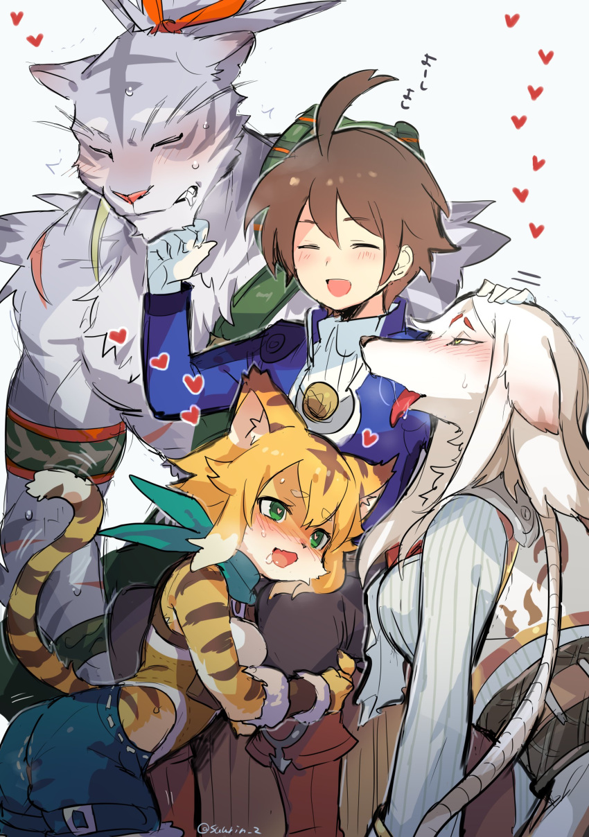 2boys 2girls absurdres ahoge ark_(world_flipper) armband blush breasts cat_girl cat_tail drooling fox_girl furry heart heart-shaped_pupils heavy_breathing helga_(world_flipper) highres hug mia_(world_flipper) multiple_boys multiple_girls muscle petting shiro_(world_flipper) shorts spoken_heart suurin_(ksyaro) symbol-shaped_pupils tail tongue tongue_out world_flipper