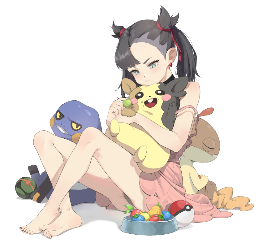 1girl absurdres aqua_eyes asymmetrical_bangs asymmetrical_hair bangs bare_shoulders black_hair black_nails blush breasts choker commentary croagunk dress earrings food fruit hair_ribbon highres holding holding_food holding_fruit holding_pokemon jewelry long_sleeves mary_(pokemon) morpeko pink_dress poke_ball pokemon pokemon_(creature) red_ribbon ribbon scraggy simple_background sitting sleeping tshna twintails white_background