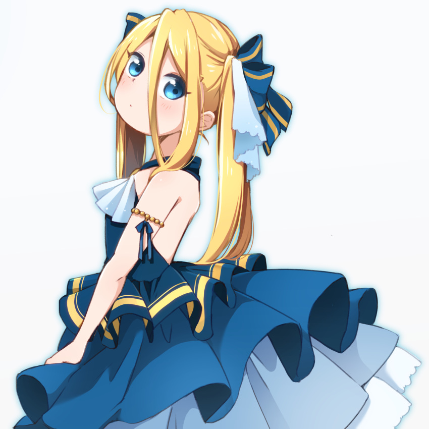 1girl armlet bare_shoulders beads blonde_hair blue_dress blue_eyes blue_ribbon dress flat_chest from_side hair_between_eyes hair_ribbon highres long_hair misoradeko original ribbon simple_background sleeveless sleeveless_dress solo striped striped_ribbon twintails white_background