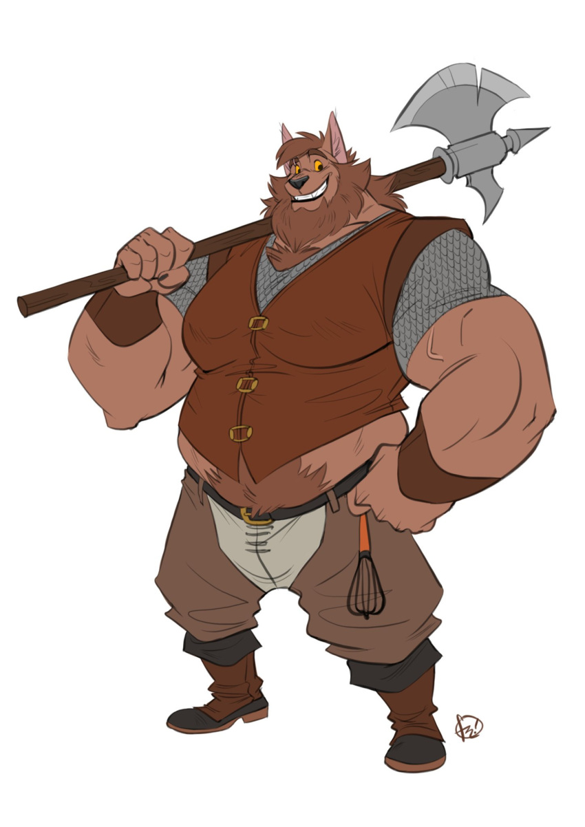 2019 5_fingers armor beard belly belt big_muscles black_nose body_hair boots brown_body brown_fur brown_hair bugbear clothing facial_hair fingers footwear fur furrybob hair halberd hands_on_hips happy_trail huge_muscles looking_at_viewer male melee_weapon musclegut muscular muscular_male polearm simple_background solo standing topwear vest weapon white_background yellow_sclera