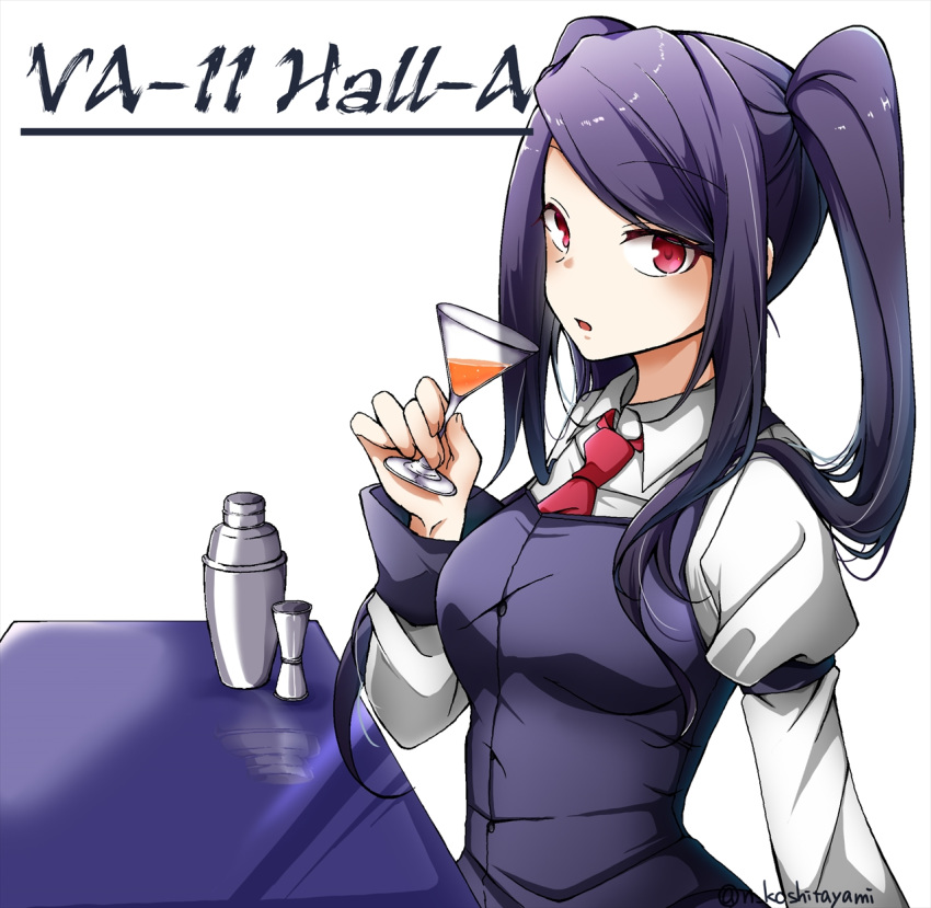 1girl artist_request bartender cocktail cocktail_glass cocktail_shaker cup drinking_glass highres jill_stingray looking_at_viewer necktie purple_hair red_eyes solo twintails va-11_hall-a