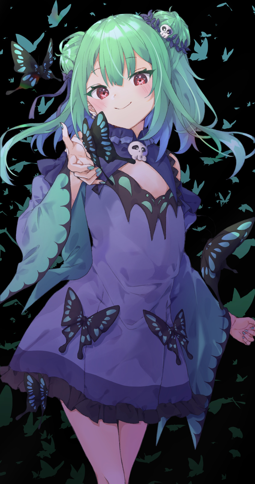 absurdres black_background blush bug butterfly commentary_request double_bun fingernails flat_chest frills gothic_lolita green_hair hair_ornament highres hololive insect lolita_fashion looking_at_viewer red_eyes skull smile uruha_rushia virtual_youtuber