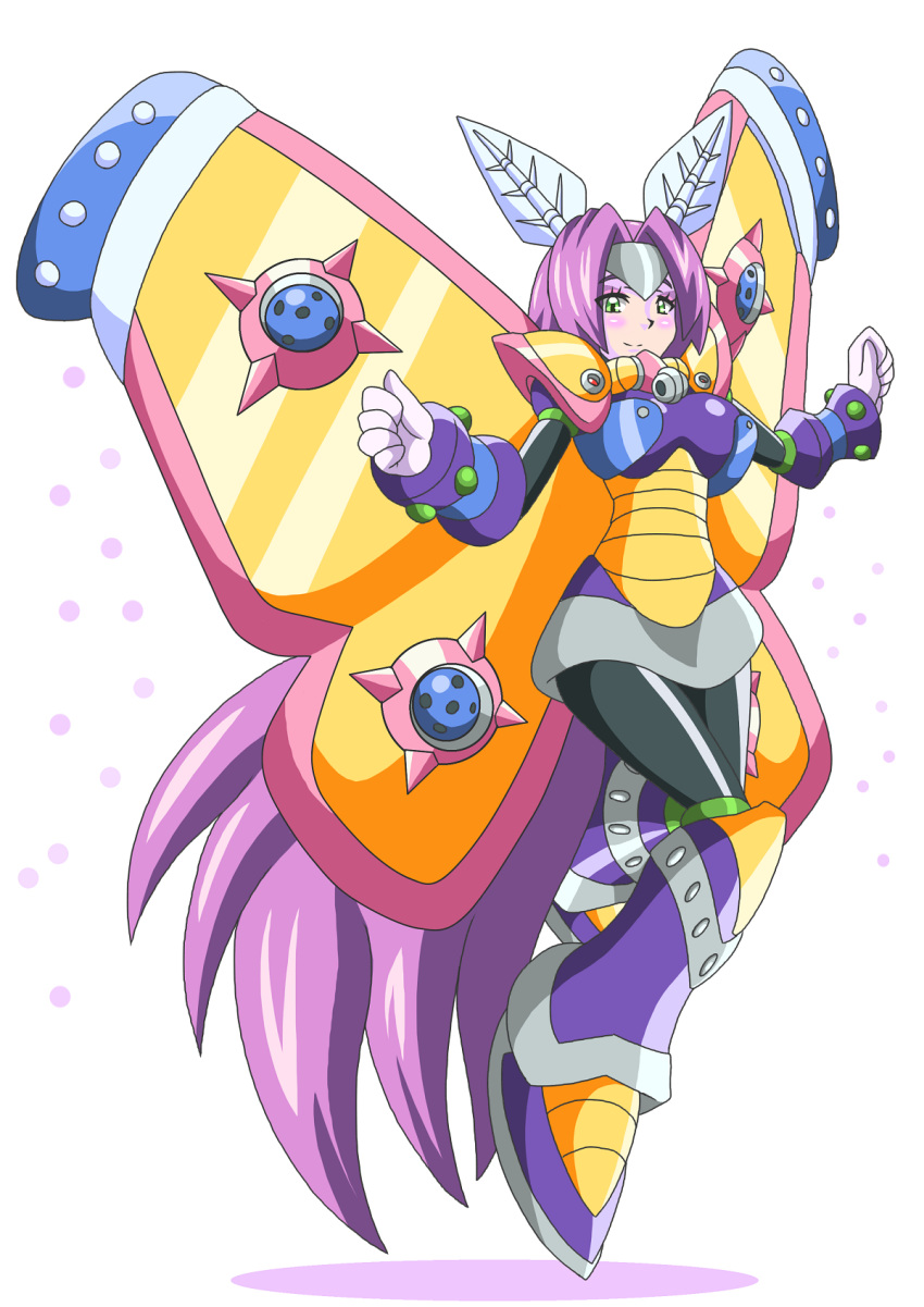 buti-yu dress genderswap genderswap_(mtf) gloves green_eyes highres insect_girl jewelry mecha_musume metal_boots metamor_mothmenos moth_ears moth_girl moth_wings necklace personification purple_hair respirator rockman rockman_x rockman_x2 smile smirk solo wings