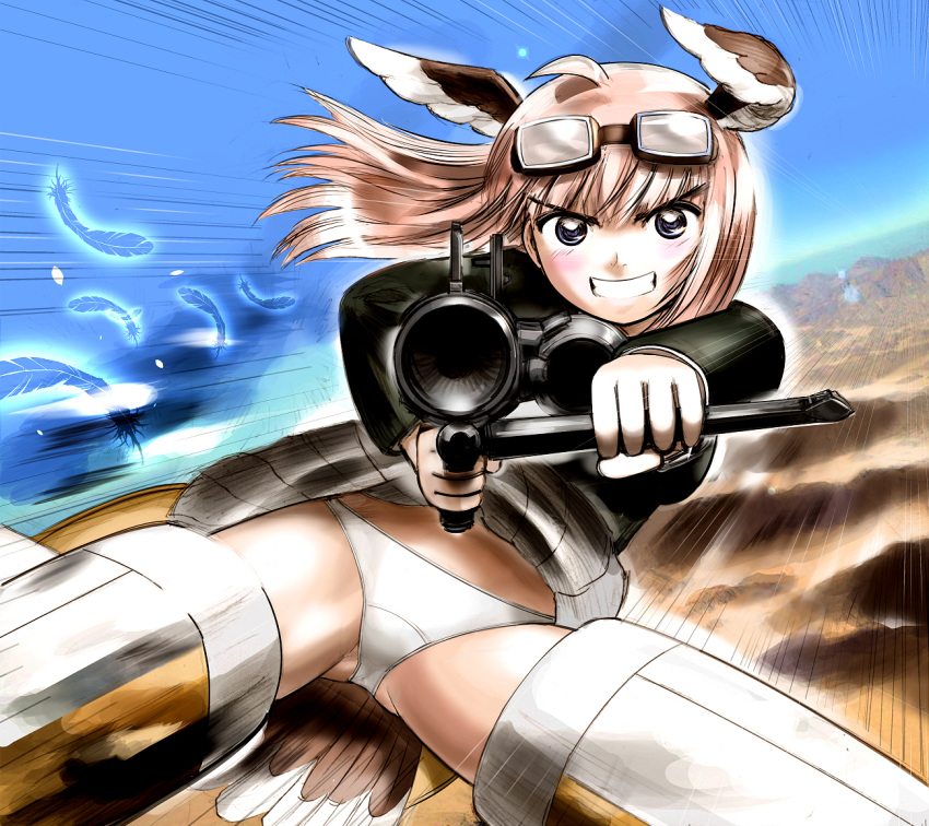 1girl bird_tail blonde_hair blue_eyes blush eyebrows_visible_through_hair flying goggles goggles_on_head grin groin gun hanna-justina_marseille hosoinogarou long_hair looking_at_viewer miniskirt outdoors panties parted_lips rifle shiny shiny_hair skirt sky smile solo spread_legs strike_witches striker_unit tail underwear upskirt weapon white_panties wing_ears world_witches_series