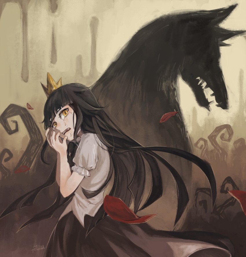 1girl black_bow black_hair black_skirt bow crown crying fangs hands_on_own_face highres liar_princess liar_princess_(wolf_form) long_hair looking_at_viewer looking_back petals phytoster plant shadow shirt skirt usotsuki_hime_to_moumoku_ouji vines white_shirt yellow_eyes