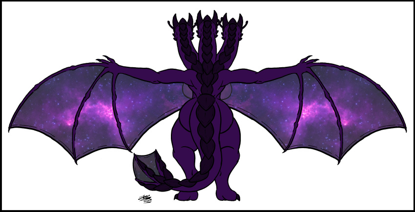 absurd_res back_boob big_breasts big_butt breasts butt colored dragon flat_colors hi_res horn hydra kaiju line_art monster multi_head rear_view skianous space_dragon thick_tail tiamat_(skianous) wide_butt wide_hips wings wyvern