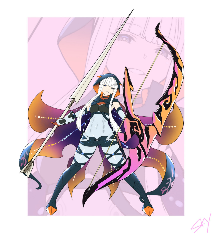 1girl animal_ears animal_hood arrow bangs black_eyes blunt_bangs bow_(weapon) choker cloak covered_navel eyebrows_visible_through_hair fake_animal_ears highres holding holding_arrow holding_bow_(weapon) holding_weapon hood hood_up huge_weapon long_hair monster_hunter monster_hunter:_world parted_lips signature sky_(freedom) smile solo standing weapon white_hair