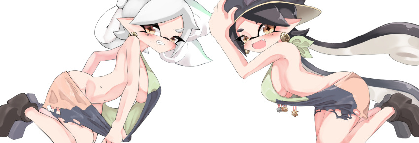 +_+ 2girls absurdres aori_(splatoon) back_cutout backwards_hat black_footwear black_hair black_headwear blush breasts brown_eyes cabbie_hat cousins domino_mask dress dress_pull earrings fangs floating frown glaring gradient_hair green_hair grey_hair grimace hand_on_headwear hat highres hotaru_(splatoon) jewelry legs_up long_hair looking_at_viewer mask medal medium_breasts medium_hair mole mole_under_eye multicolored multicolored_clothes multicolored_dress multicolored_hair multiple_girls navel open_mouth pointy_ears pulled_by_self shoes short_dress sideboob simple_background smile splatoon_(series) stitching sukeo_(nunswa08) sweatdrop tentacle_hair torn_clothes torn_dress very_long_hair white_background