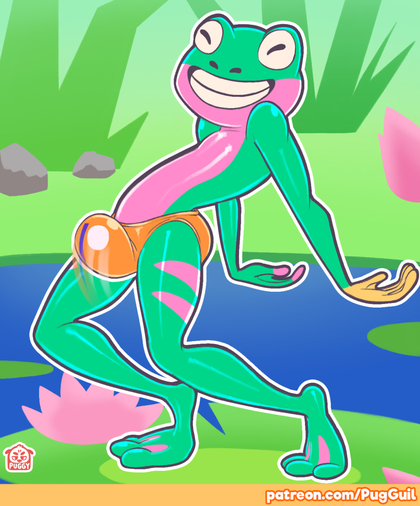 2019 amphibian anthro barefoot bulge clothing dame_tu_cosita dancing eyes_closed frog green_body green_skin just_dance just_dance_2019 lake lily_pad male membrane_(anatomy) meme mostly_nude outside patreon pelvic_thrust pink_body pink_skin plant puggy smile solo speedo swimwear teeth ubisoft video_games water webbed_feet