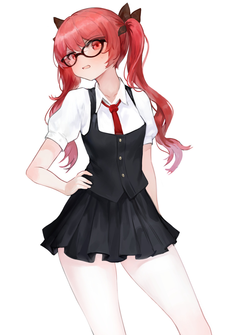 1girl bangs black-framed_eyewear black_ribbon black_skirt black_vest blush breasts collared_shirt dokomon eyebrows_visible_through_hair glasses hair_between_eyes hair_ribbon hand_on_hip highres honkai_(series) honkai_impact_3rd korean_commentary long_hair looking_at_viewer necktie nikola_tesla_(honkai_impact) open_mouth pantyhose pleated_skirt puffy_short_sleeves puffy_sleeves red_eyes red_hair red_neckwear ribbon shirt short_sleeves simple_background skirt small_breasts solo sweat twintails v-shaped_eyebrows very_long_hair vest white_background white_legwear white_shirt