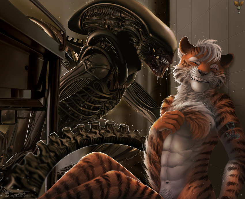 absurd_res alien alien_(franchise) cosplay felid hi_res mammal pantherine scared tiger xenomorph