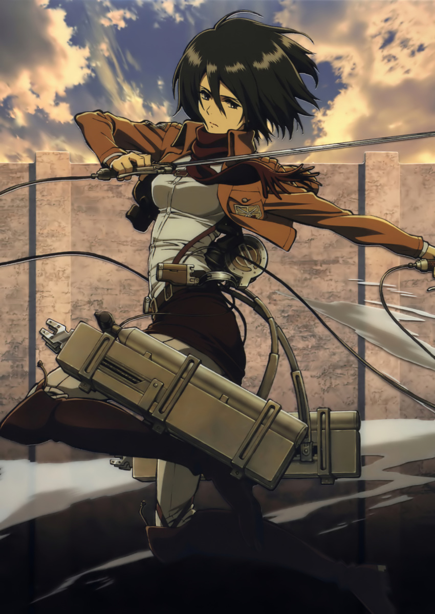 1girl absurdres black_eyes black_hair boots breasts closed_mouth cloud coat cropped_jacket day hair_between_eyes highres holding holding_weapon impossible_clothes impossible_shirt isayama_hajime long_sleeves looking_at_viewer mikasa_ackerman official_art pants red_scarf scarf shingeki_no_kyojin shirt short_hair sky solo standing sword three-dimensional_maneuver_gear wall weapon