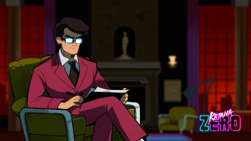 1boy angry black_hair black_neckwear chair copyright_name covered_eyes crossed_legs formal glasses glowing_glasses highres katana_zero necktie office official_art psychiatrist_(katana_zero) red_suit sitting suit trading_card whoisnassstya writing