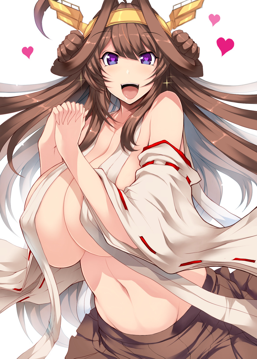 1girl absurdres ahoge bangs bare_shoulders breasts brown_hair brown_skirt cleavage collarbone covered_nipples cowboy_shot detached_sleeves double_bun eyebrows_visible_through_hair fanbox_reward groin hair_intakes hairband hands_clasped headgear heart heart-shaped_pupils highres huge_breasts interlocked_fingers japanese_clothes kantai_collection kongou_(kantai_collection) long_hair looking_at_viewer navel no_bra nontraditional_miko open_mouth own_hands_together paid_reward pleated_skirt ribbon-trimmed_sleeves ribbon_trim shiny shiny_hair shiny_skin simple_background skirt smile solo sparkle standing stomach symbol-shaped_pupils tsukasawa_takamatsu underboob upper_teeth white_background
