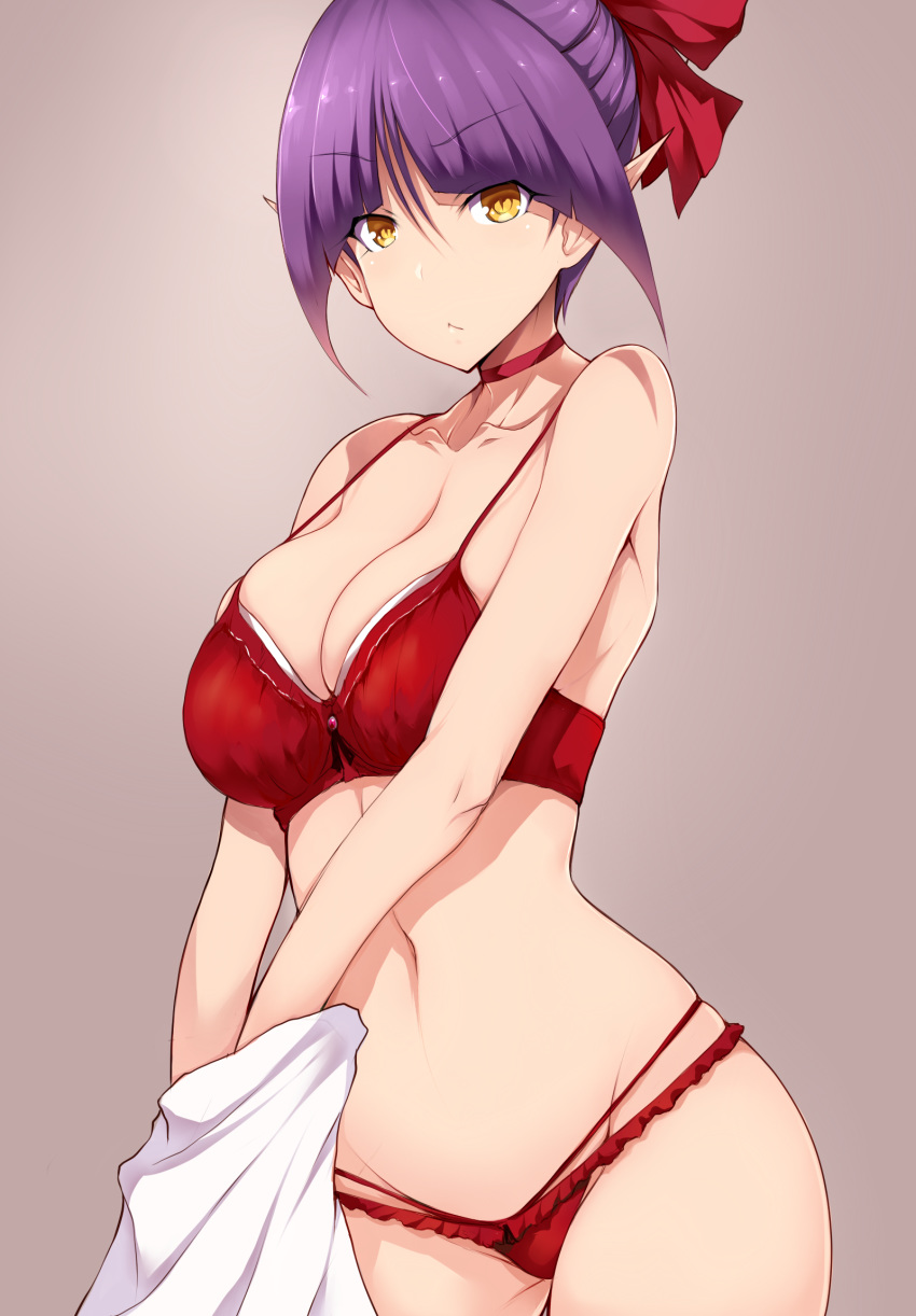 1girl ass back bangs bare_arms bare_shoulders bow bow_bra bra breasts choker cleavage collarbone commentary_request cowboy_shot eyebrows_visible_through_hair frilled_bra frilled_panties frills gegege_no_kitarou groin hair_bow highres lingerie looking_at_viewer looking_back medium_breasts midriff multi-strapped_panties navel nekomusume nekomusume_(gegege_no_kitarou_6) panties pointy_ears purple_hair red_bow red_bra red_choker red_panties red_ribbon ribbon shirt sidelocks skindentation solo spaghetti_strap standing stomach string_panties tsukasawa_takamatsu underwear undressing white_shirt yellow_eyes