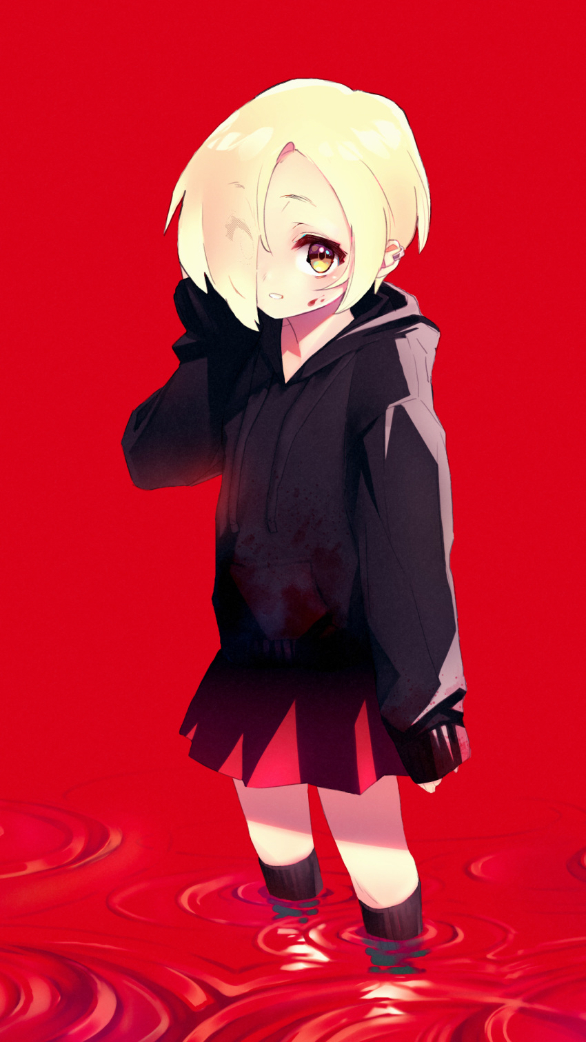 1girl ambiguous_red_liquid black_hoodie black_legwear blonde_hair blood blood_on_face blood_stain brown_eyes commentary ear_piercing english_commentary hair_over_one_eye highres hood hood_down hoodie idolmaster idolmaster_cinderella_girls kneehighs looking_at_viewer parted_lips piercing red_background red_skirt ripples shirasaka_koume short_hair skirt sleeves_past_fingers sleeves_past_wrists smile solo stain standing sumi_(oyasumie) wading