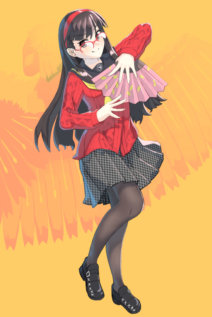 1girl amagi_yukiko black_eyes black_footwear black_hair black_legwear cardigan commentary_request fan folding_fan glasses hairband highres hime_cut houndstooth konohana_sakuya loafers long_hair pantyhose persona persona_4 pleated_skirt red_hairband red_sweater sansu school_uniform shoes skirt sweater yasogami_school_uniform