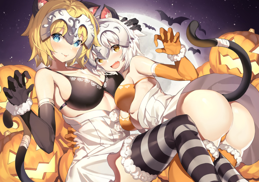 :d :p akae_neo animal_ears arm_around_waist ass bandaged_tail bandages bangs bare_shoulders bat bikini black_bikini black_gloves black_legwear blonde_hair blue_eyes blush breasts cat_ears cat_tail claw_pose cleavage closed_mouth elbow_gloves eyebrows_visible_through_hair fang fate/grand_order fate_(series) fur-trimmed_gloves fur-trimmed_legwear fur_trim gloves halloween headpiece highres jacket jeanne_d'arc_(fate) jeanne_d'arc_(fate)_(all) jeanne_d'arc_alter_santa_lily kemonomimi_mode large_breasts medium_breasts open_mouth orange_bikini orange_gloves orange_legwear pumpkin short_hair silver_hair smile striped striped_legwear swimsuit tail thighhighs tongue tongue_out