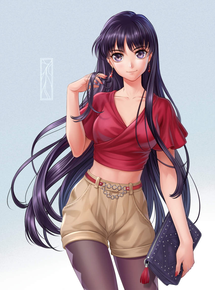 1girl argyle argyle_legwear bag bangs belt bishoujo_senshi_sailor_moon black_hair black_legwear blue_background breasts brown_shorts casual closed_mouth collarbone cowboy_shot earrings eyebrows_visible_through_hair glint gradient gradient_background hand_in_hair hand_up handbag highres hino_rei holding holding_bag jewelry kotikomori legwear_under_shorts looking_at_viewer medium_breasts midriff nail_polish pantyhose purple_eyes red_nails red_shirt shirt short_sleeves shorts smile solo tassel