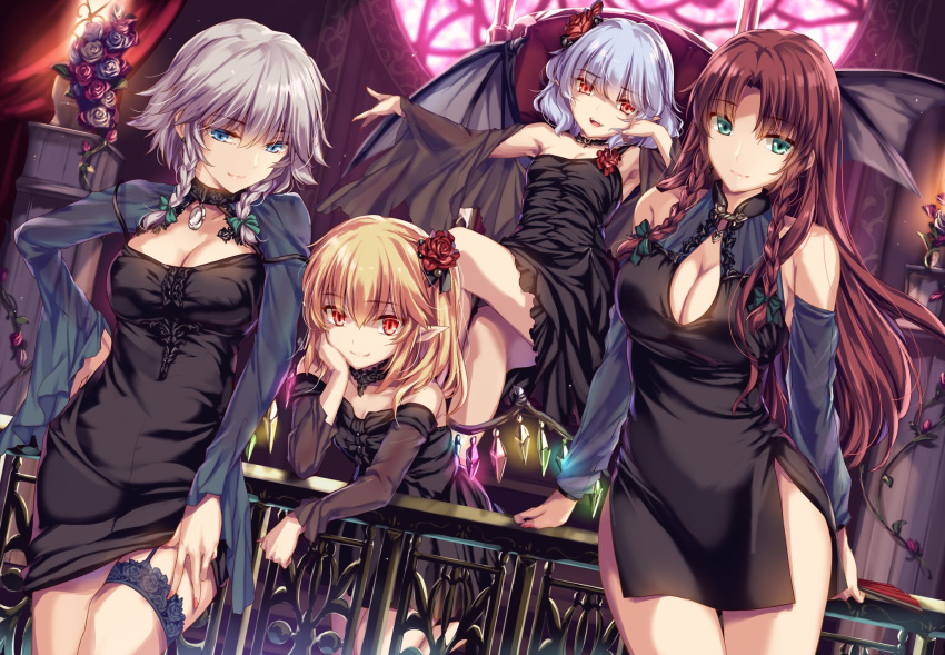 4girls :d armpits bangs bare_shoulders bat_wings black_choker black_dress blonde_hair blue_eyes blue_hair bow braid breasts choker cleavage cleavage_cutout commentary_request cowboy_shot crossed_legs crystal detached_sleeves dress eyebrows_visible_through_hair fan flandre_scarlet flower folding_fan green_bow green_eyes hair_between_eyes hair_bow hair_flower hair_ornament hand_on_hip hand_up head_rest highres hong_meiling indoors izayoi_sakuya long_sleeves looking_at_viewer medium_breasts moneti_(daifuku) multiple_girls nail_polish no_hat no_headwear off-shoulder_dress off_shoulder one_side_up open_mouth pelvic_curtain pink_nails pointy_ears purple_flower purple_rose railing red_eyes red_flower red_hair red_rose remilia_scarlet rose short_dress short_hair sidelocks silver_hair single_strap sitting small_breasts smile standing strap_slip thigh_strap thighs touhou twin_braids wide_sleeves wings