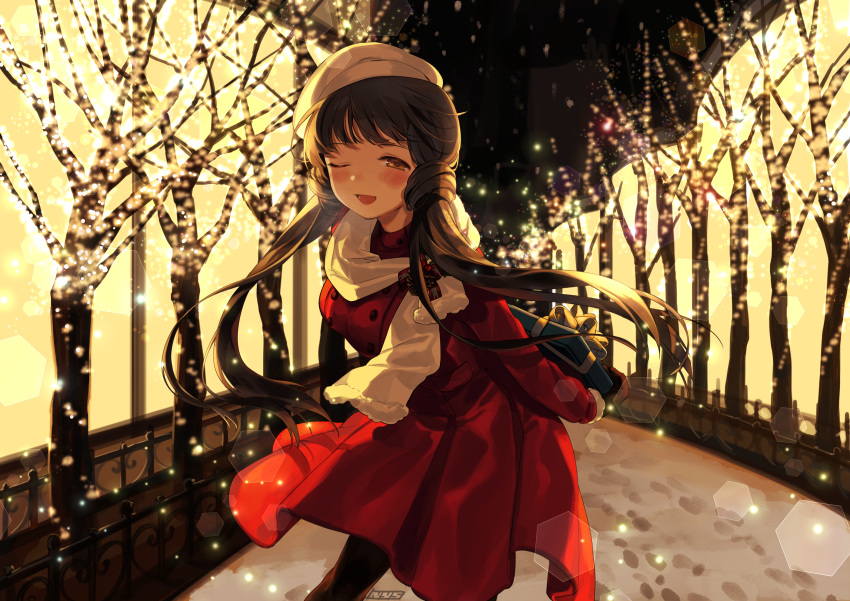 blush brown_eyes brown_hair idolmaster_million_live! kitakami_reika long_hair nys scarf snow tree wink winter