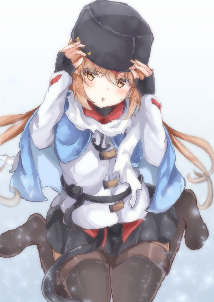 1girl absurdres adjusting_clothes adjusting_hat artist_name black_headwear black_skirt blue_shawl blush boots bow brown_eyes brown_hair dated eyebrows_visible_through_hair fingerless_gloves gloves hair_between_eyes hair_ornament hairclip hat highres jacket kantai_collection kneeling light_brown_hair long_hair looking_at_viewer low_twintails open_mouth papakha sa-ya2 scarf shawl sitting skirt solo star star_hat_ornament tashkent_(kantai_collection) thigh_boots thighhighs torn_scarf twintails wariza white_jacket white_scarf