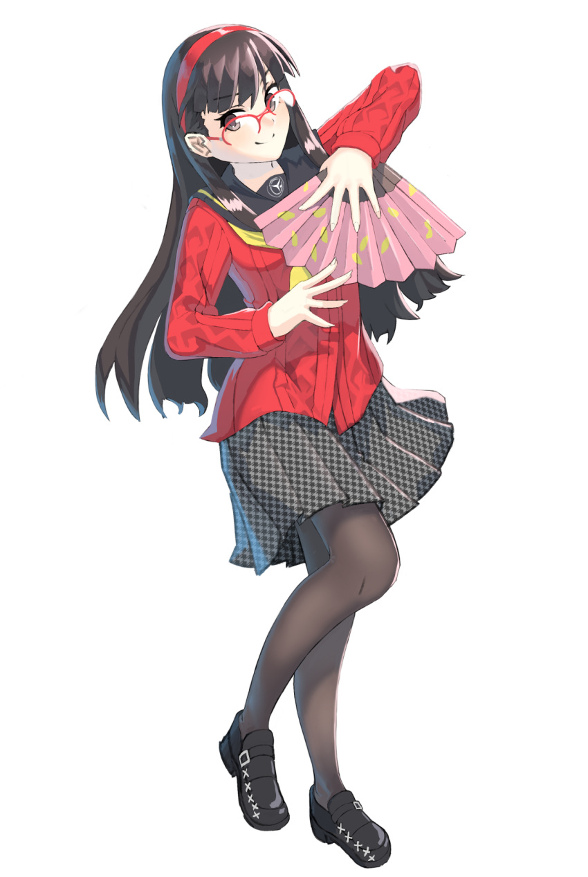 1girl amagi_yukiko black_eyes black_footwear black_hair black_legwear cardigan commentary_request fan folding_fan glasses hairband highres hime_cut houndstooth loafers long_hair pantyhose persona persona_4 pleated_skirt red_hairband red_sweater sansu school_uniform shoes skirt sweater white_background yasogami_school_uniform