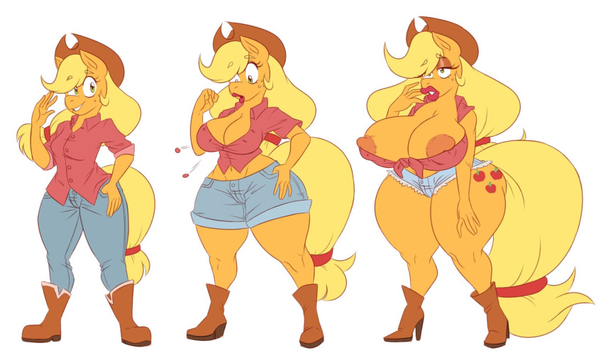anthro applejack_(mlp) areola areola_slip big_breasts bimbofication breast_expansion breasts button_pop cleavage clothed clothing equid equine female friendship_is_magic huge_breasts lamarkey mammal my_little_pony thick_thighs wide_hips