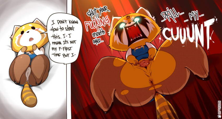 2018 3_fingers aggressive_retsuko ailurid angry anthro anus before_and_after biped blush bottomless bottomwear breasts butt camel_toe clitoris clothed clothing command dialogue digital_drawing_(artwork) digital_media_(artwork) english_text fangs female fingers footwear fur glowing glowing_eyes hi_res humor kappadoggo leggings legwear long_sleeve looking_at_viewer looking_up lying mammal multicolored_body multicolored_fur on_back open_mouth orange_body orange_fur partially_clothed presenting presenting_pussy profanity pussy red_panda retsuko sanrio shoes short_stack simple_background solo speech_bubble spread_legs spread_pussy spreading teeth text thick_thighs tongue topwear torn_bottomwear torn_clothing uniform vest white_body white_fur worried yelling