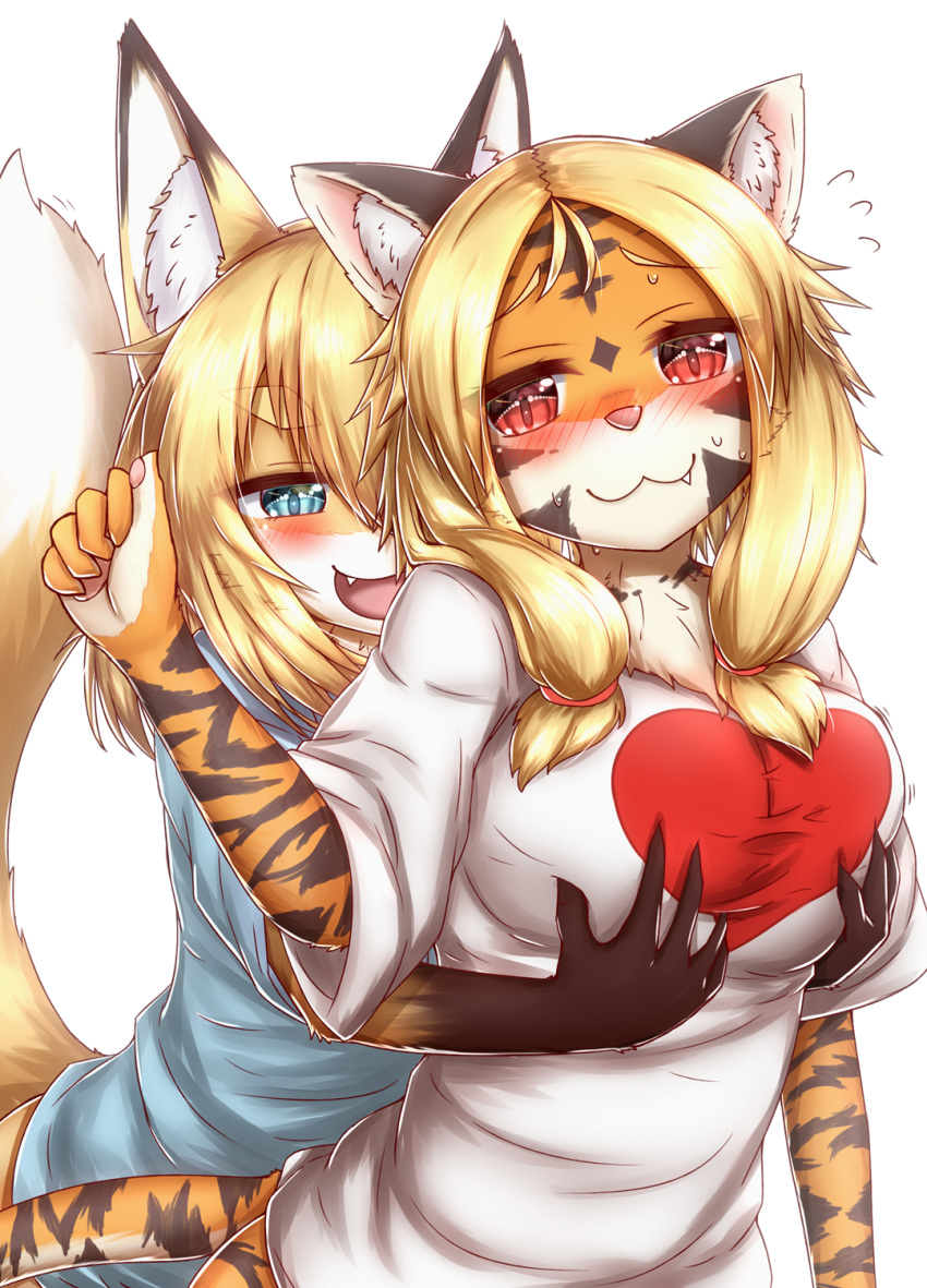 5_fingers anthro blonde_hair blue_clothing blue_eyes blue_topwear blush bodily_fluids breast_grab breasts canid canine clothing cute_fangs duo felid female female/female fingers fox hair hand_on_breast horokusa0519 inner_ear_fluff kemono mammal open_mouth orange_body pantherine red_eyes simple_background sweat tiger tongue topwear tuft white_background white_clothing white_topwear