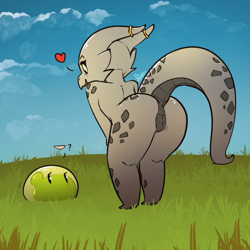 &lt;3 1:1 2019 anus coal_(rakkuguy) female feretta grass grey_body grey_skin kobold lime_(rakkuguy) nude pussy raised_tail short_stack sky slime