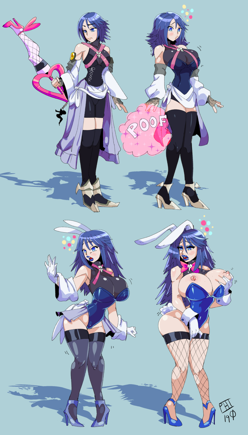 2019 absurd_res animal_humanoid aqua_(kingdom_hearts) big_breasts bimbofication blue_eyes blue_hair breast_expansion breasts bunny_costume clothing costume female fishnet fishnet_legwear footwear hair hand_on_breast hi_res high_heels huge_breasts human human_to_humanoid humanoid kingdom_hearts lagomorph lagomorph_humanoid legwear leotard leporid_humanoid mammal mammal_humanoid nipples rabbit_humanoid scarfyace sequence shoes simple_background solo square_enix surprise transformation video_games
