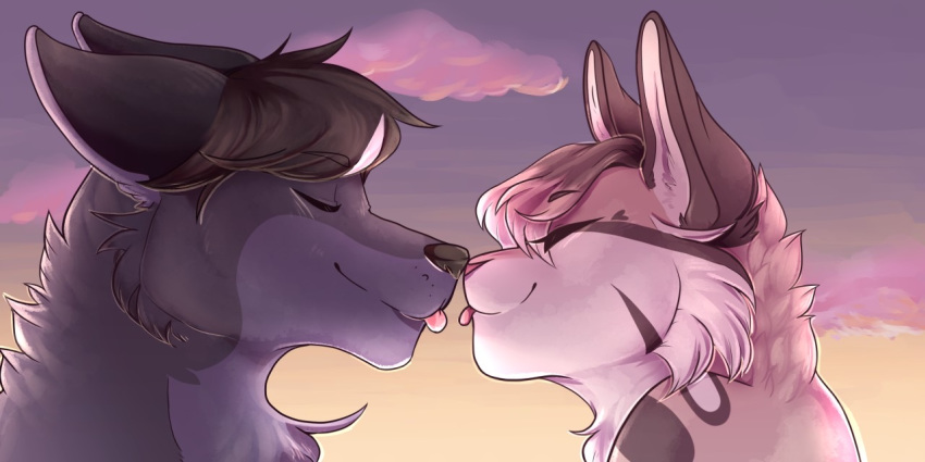 &lt;3 boop canid canine canis cloud domestic_cat eyes_closed fluffy kissing kisunya_(starbearie) larger_male male mammal size_difference smile starbearie sunset tongue vinnie_(starbearie) wolf
