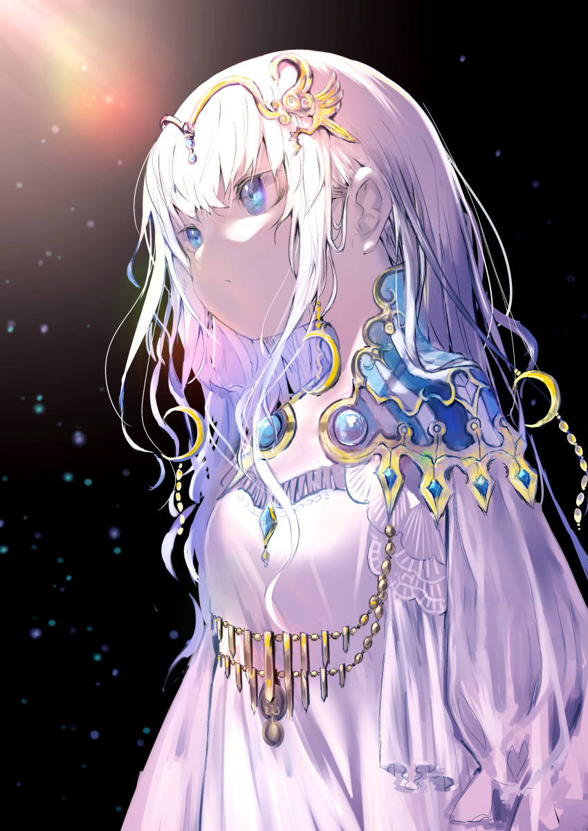 1girl absurdres bangs blue_eyes closed_mouth commentary_request crescent dress from_side hair_between_eyes hair_ornament headpiece highres long_hair long_sleeves looking_away original puffy_long_sleeves puffy_sleeves shiabisu solo upper_body white_dress white_hair