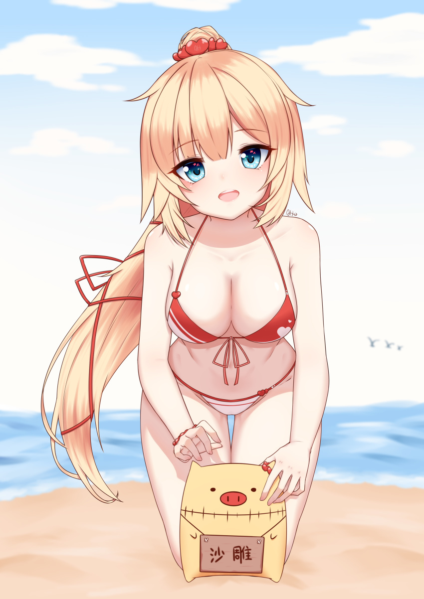 1girl absurdres akai_haato anhun bangs beach bikini blonde_hair blue_eyes breasts cleavage day eyebrows_visible_through_hair front-tie_bikini front-tie_top haaton_(haato_channel) hair_ribbon highres hololive large_breasts leaning_forward long_hair long_ponytail looking_at_viewer ocean open_mouth outdoors ponytail ribbon sand scrunchie smile solo string_bikini stuffed_animal stuffed_toy swimsuit symbol_commentary thigh_gap upper_teeth very_long_hair virtual_youtuber wrist_scrunchie