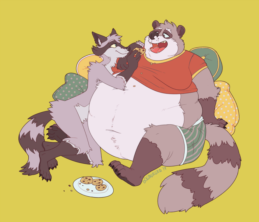 anthro belly belly_overhang big_belly chubby_cheeks claws clothed clothing cookie dogburger duo eating feeding food fur grey_body grey_fur holding_food holding_object male mammal midriff moobs morbidly_obese navel nude obese obese_male open_mouth open_smile overweight overweight_male pillow plate procyonid raccoon reclining ringtail sitting smile teeth toe_claws tongue