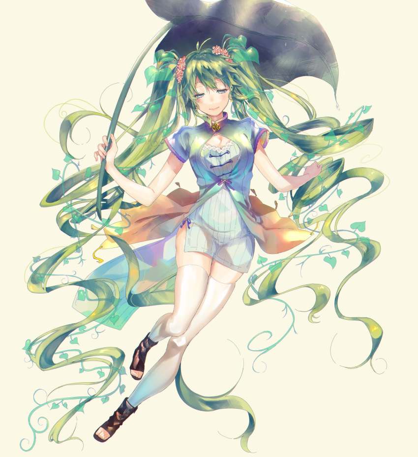 1girl absurdly_long_hair alternate_costume arms_at_sides bare_arms beige_background black_footwear blue_eyes breasts china_dress chinese_clothes cleavage cleavage_cutout closed_mouth commentary curly_hair dress earrings fingernails flower full_body green_hair hair_between_eyes hair_flower hair_ornament half-closed_eyes hatsune_miku highres jewelry knees_together_feet_apart leaf leaf_hair_ornament leaf_on_head leaf_umbrella light_smile long_hair looking_down medium_breasts open_toe_shoes pink_flower short_dress side_slit simple_background sinomi solo striped striped_dress symbol_commentary thigh_gap thighhighs thighs toenails twintails very_long_hair vocaloid white_dress white_legwear zettai_ryouiki