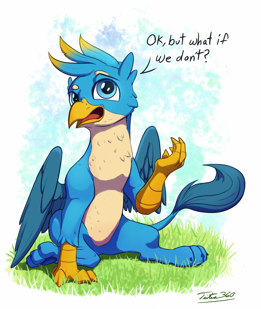 2019 3_toes 4_fingers avian beak blue_body blue_eyes blue_feathers digital_media_(artwork) feathered_wings feathers feral fingers friendship_is_magic gallus_(mlp) grass gryphon male my_little_pony open_mouth reaction_image sitting solo toes tongue tsitra360 wings