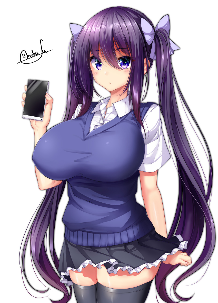 1girl absurdres bangs black_legwear black_skirt bow breasts cellphone closed_mouth collared_shirt dress_shirt eyebrows_visible_through_hair frilled_skirt frills hair_between_eyes hair_bow hand_up highres holding holding_cellphone holding_phone large_breasts long_hair looking_at_viewer mokufuu original phone pleated_skirt purple_bow purple_eyes purple_hair shirt short_sleeves signature simple_background skindentation skirt smartphone solo sweater_vest thighhighs twintails very_long_hair white_background white_shirt