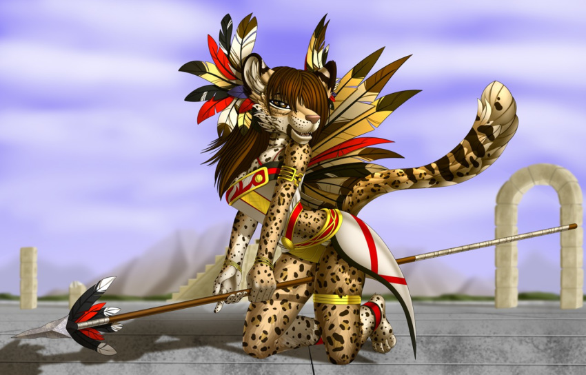 2019 4_toes 5_fingers anthro brown_hair day detailed_background digital_media_(artwork) felid female fingers hair kneeling leopard mammal outside pantherine sky solo tales_foxdale toes