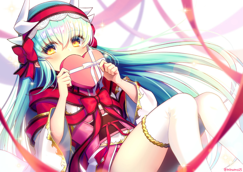 blush bow fate/grand_order fate_(series) green_hair headband heart horns japanese_clothes kiyohime_(fate/grand_order) long_hair minamo25 ribbons signed thighhighs yellow_eyes