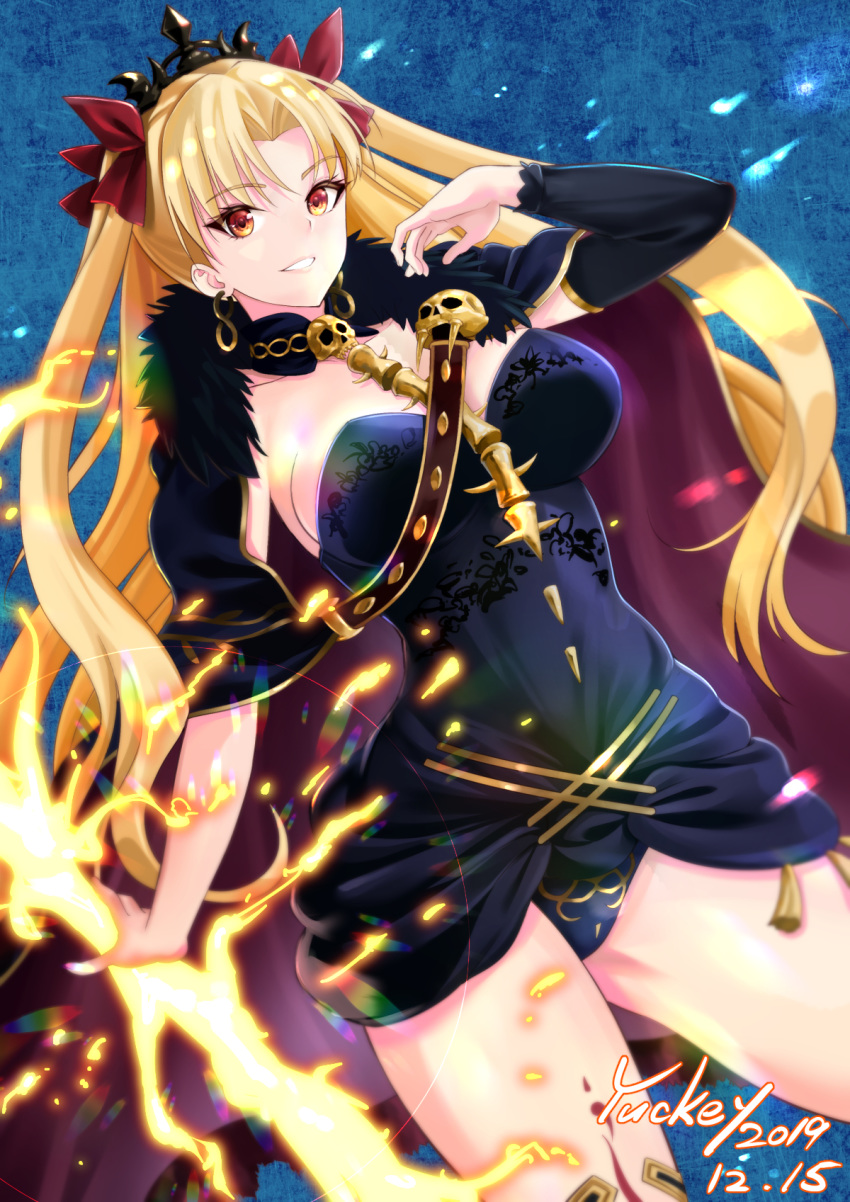 1girl arm_up arm_warmers artist_name blonde_hair blue_background blue_cape blue_dress blue_panties breasts cape cleavage cowboy_shot dated dress drop_earrings dutch_angle earrings ereshkigal_(fate/grand_order) eyebrows_visible_through_hair fate/grand_order fate_(series) fur-trimmed_cape fur_trim glowing glowing_weapon hair_ribbon highres holding holding_weapon jewelry large_breasts long_hair looking_at_viewer necklace panties parted_lips red_eyes ribbon sideboob skull_necklace solo standing strapless strapless_dress tiara twintails underwear very_long_hair weapon yuckey