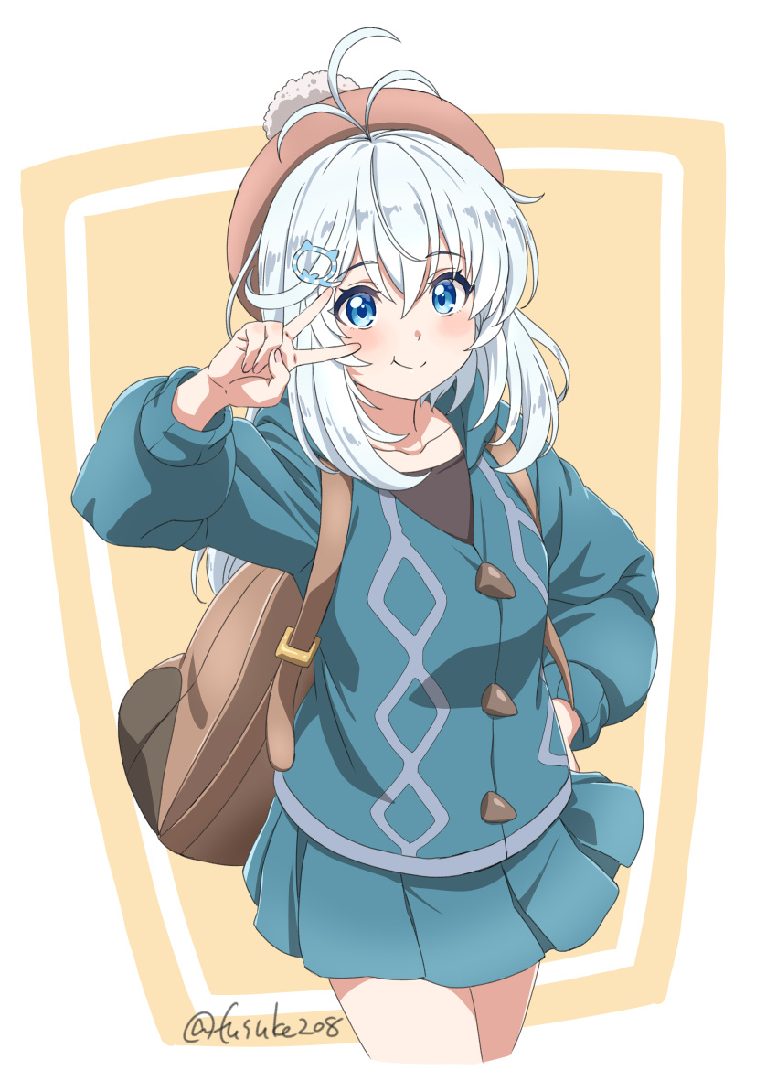 1girl :t absurdres antenna_hair arm_up backpack bag bangs blue_coat blue_skirt blush brown_headwear closed_mouth commentary_request cosplay cowboy_shot dennou_shoujo_youtuber_shiro eyebrows_visible_through_hair fuusuke_(fusuke208) hair_ornament hairclip hand_on_hip highres hood hood_down hooded_coat long_hair long_sleeves looking_at_viewer miniskirt pleated_skirt pokemon pokemon_(game) pokemon_swsh shiro_(dennou_shoujo_youtuber_shiro) skirt smile solo tail tam_o'_shanter twitter_username two-tone_background v_over_eye virtual_youtuber white_hair yuuri_(pokemon) yuuri_(pokemon)_(cosplay)