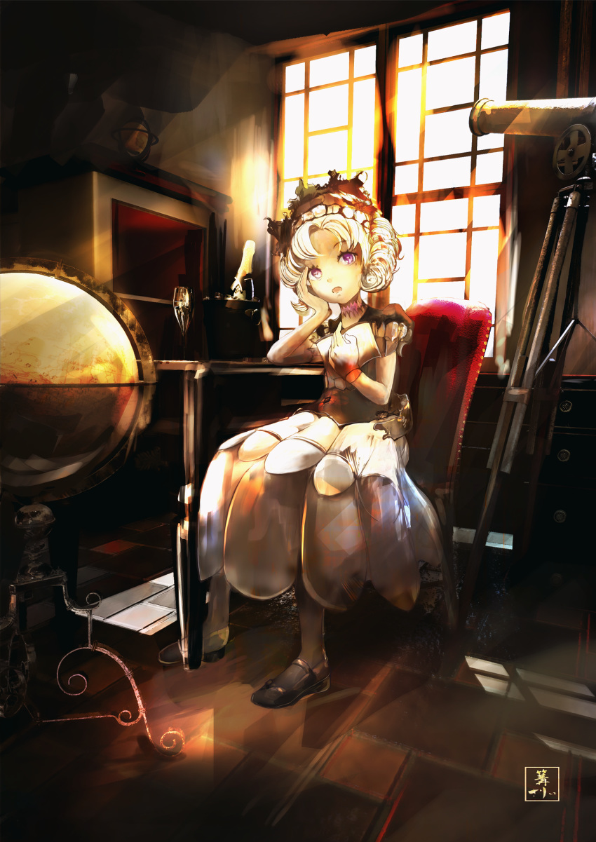 1girl absurdres anzio_hime armchair black_footwear book chair dress hair_between_eyes hat highres indoors kantai_collection kobaman_annwn open_mouth puffy_short_sleeves puffy_sleeves purple_eyes sewing_machine shinkaisei-kan shoes short_hair short_sleeves sitting solo table telescope white_hair white_skin window