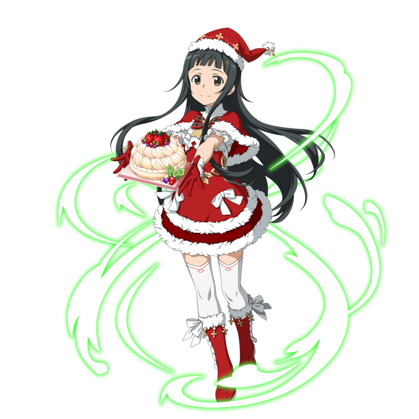 1girl bangs black_eyes black_hair blunt_bangs boots bow bowtie cake capelet closed_mouth dress floating_hair food full_body fur-trimmed_boots fur-trimmed_capelet fur-trimmed_dress fur-trimmed_hat fur_trim gloves hat highres holding holding_plate layered_dress long_hair official_art outstretched_arms plaid_neckwear plate red_bow red_capelet red_dress red_footwear red_gloves red_headwear red_neckwear santa_costume santa_hat short_dress smile solo standing sword_art_online thighhighs transparent_background very_long_hair white_bow white_legwear yui_(sao) zettai_ryouiki